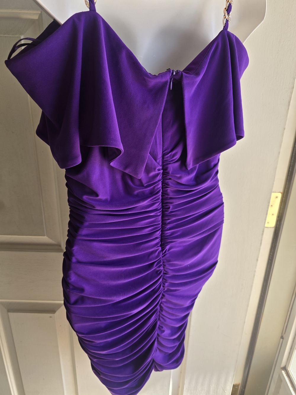R&M Richards Purple Ruched Midi Dress with Ruffle Bodice